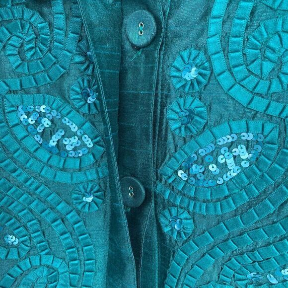Chico's Sz 0 S Holiday Green Beaded Button Front Jacket Lined Mandarin Collar - Picture 7 of 10